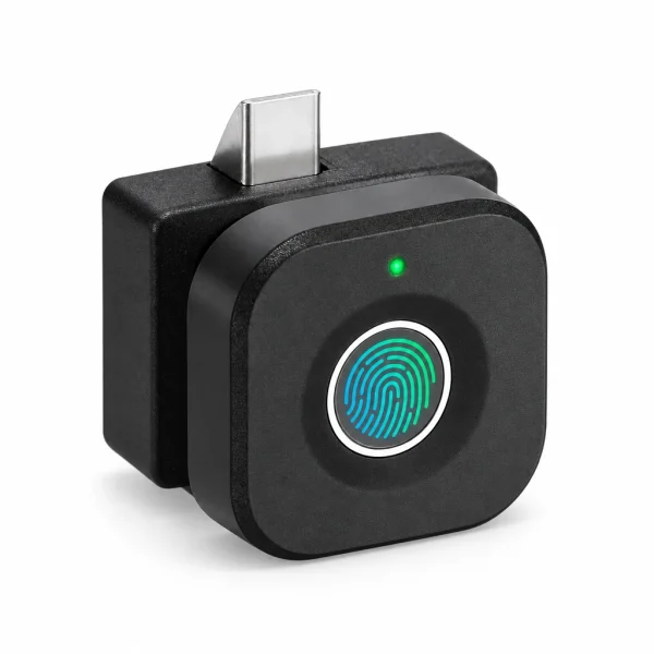 Cerradura biométrica con huella para cajones y gabinetes oculta – vista frontal sobre fondo blanco
