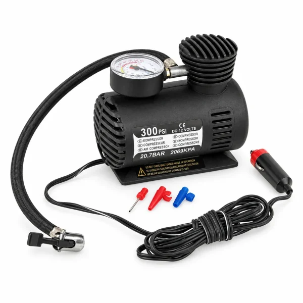 Mini compresor de aire portátil 300 PSI 12V con manómetro – vista frontal sobre fondo blanco