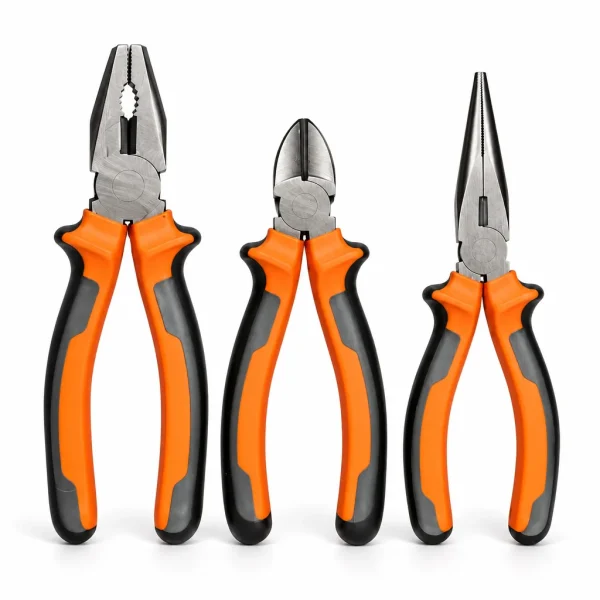 Set de alicates x3 metálicos con mangos ergonómicos antideslizantes – vista frontal sobre fondo blanco